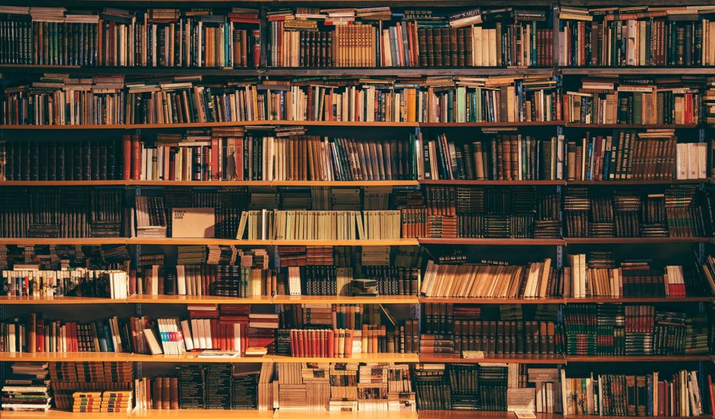 rows of full bookshelves